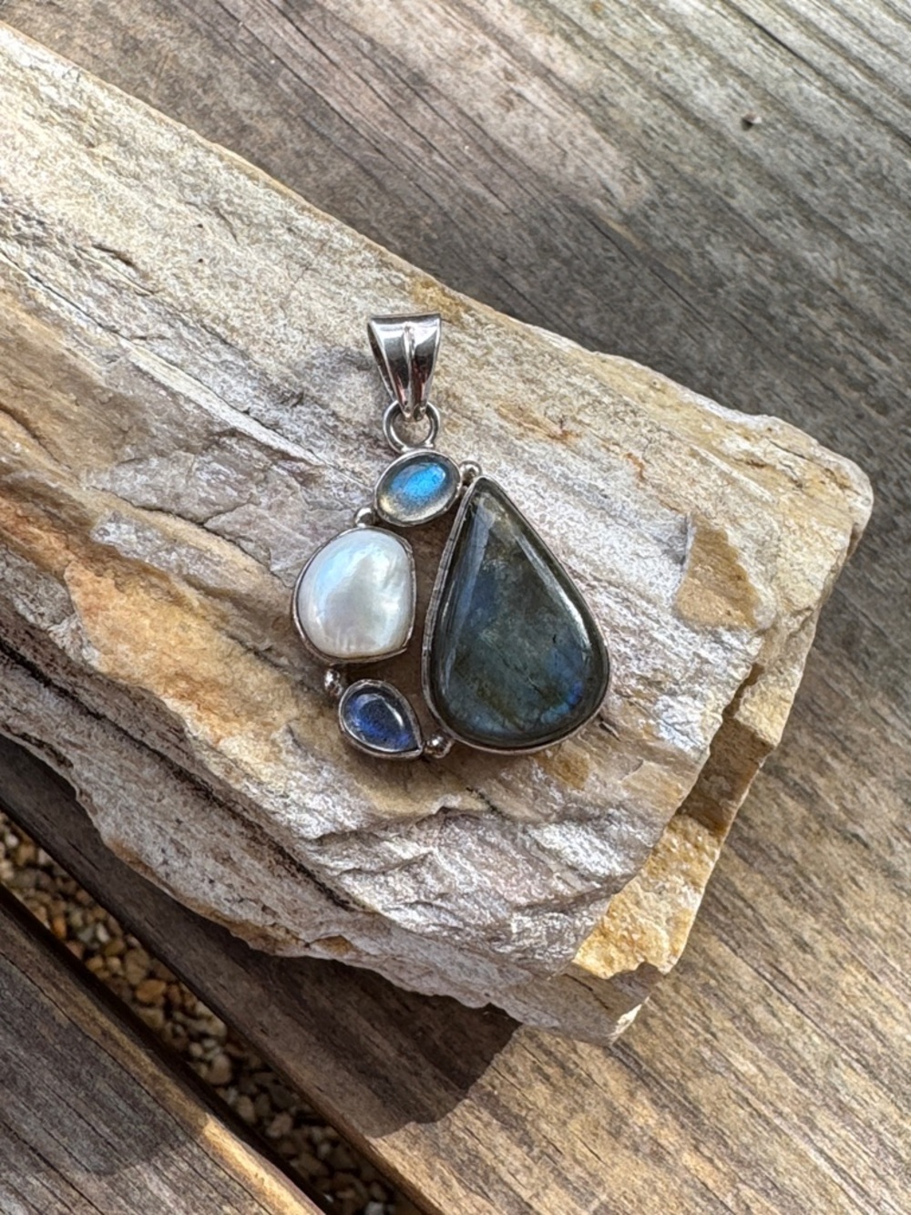 Sterling Silver Pendant with Moonstone Labradorite and Pearl